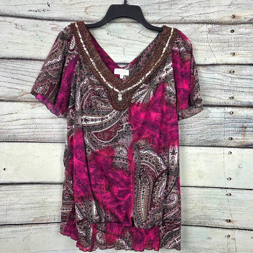 Maurices Womens Paisley Beaded Blouse Pink Brown S